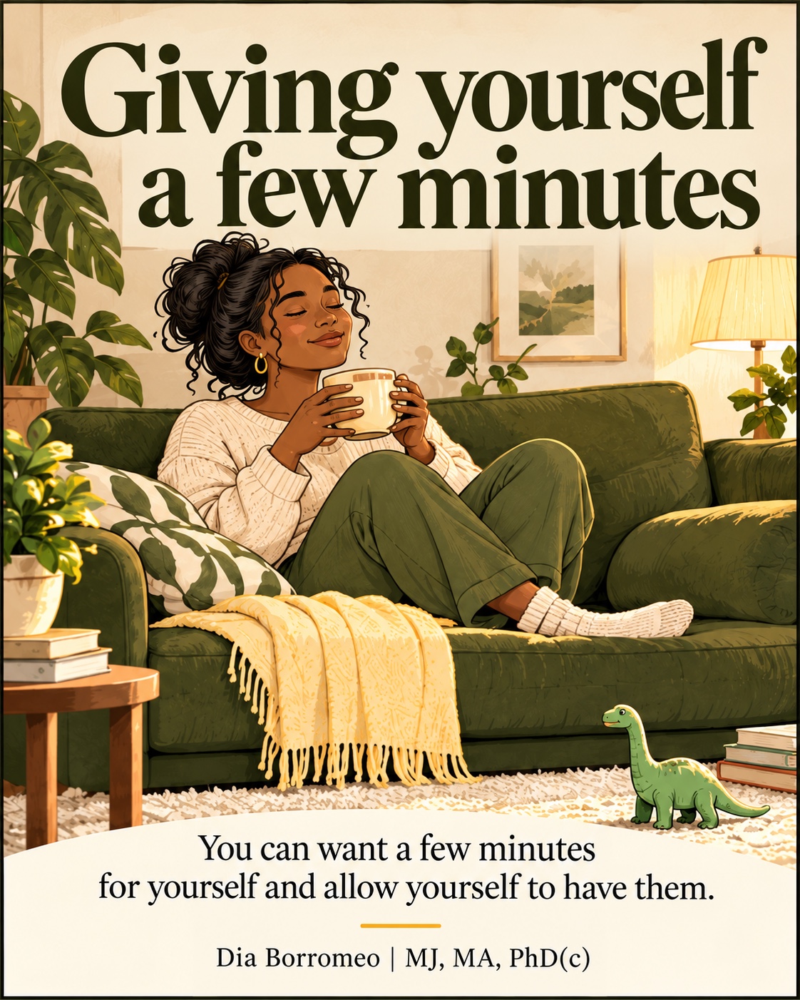 A woman enjoying a warm drink on an olive sofa, with a toy dinosaur nearby